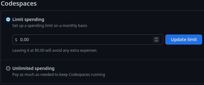 Codespace spending limit