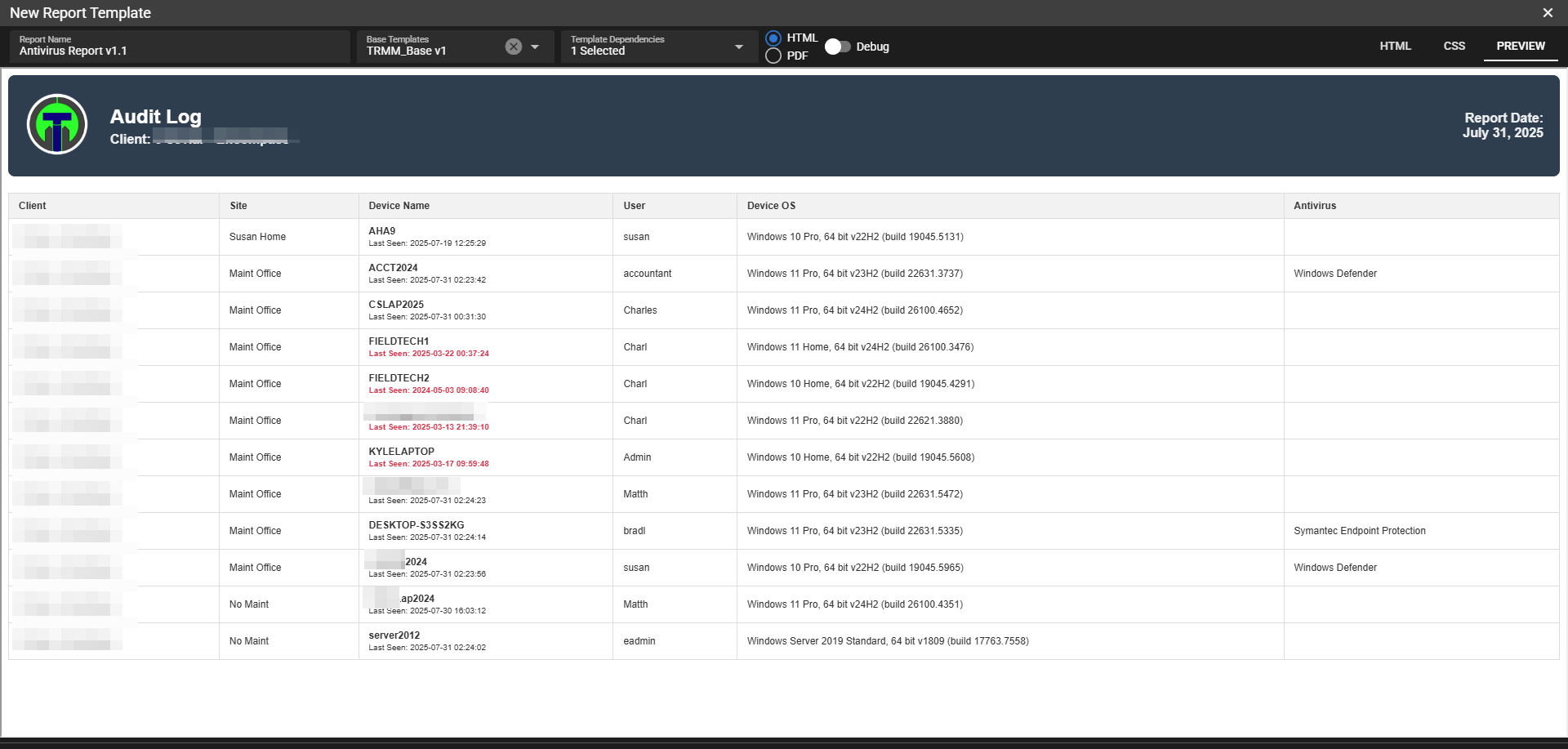 Antivirus HTML report screenshot